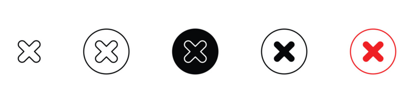 Close and cancel button icon set for UI navigation. Isolated vector illustration of close marks for web and mobile app interface design.