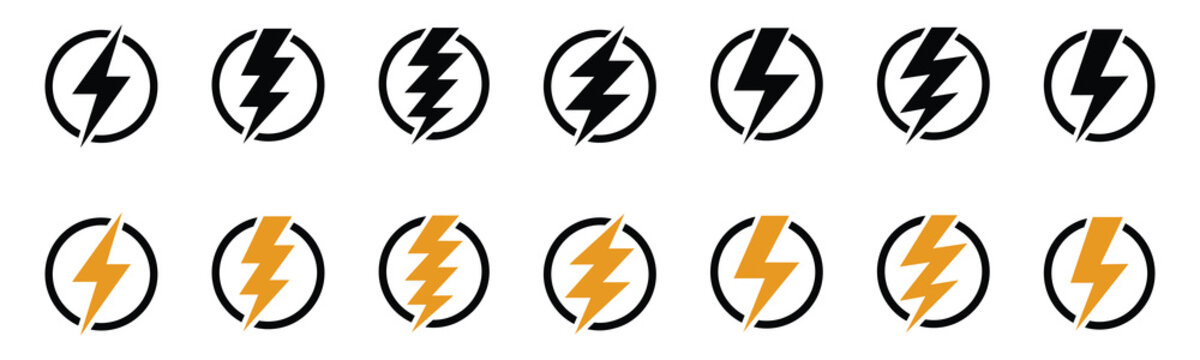 Lightning bolt and electricity power icon set for energy design. Isolated vector illustration of thunderbolt symbols in circular frames with various outline, solid black, and yellow flash styles.