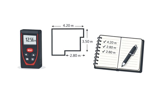 Builders and architects measuring area for floor planning activity, using a laser distance meter tool, sketching layout with a notebook, and recording dimensions for construction projects