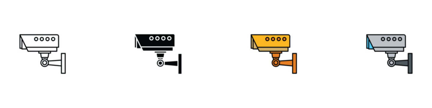 CCTV surveillance and security camera icon set for property protection. Isolated vector illustration of bullet camera symbols for monitoring systems and 24h safety signage.