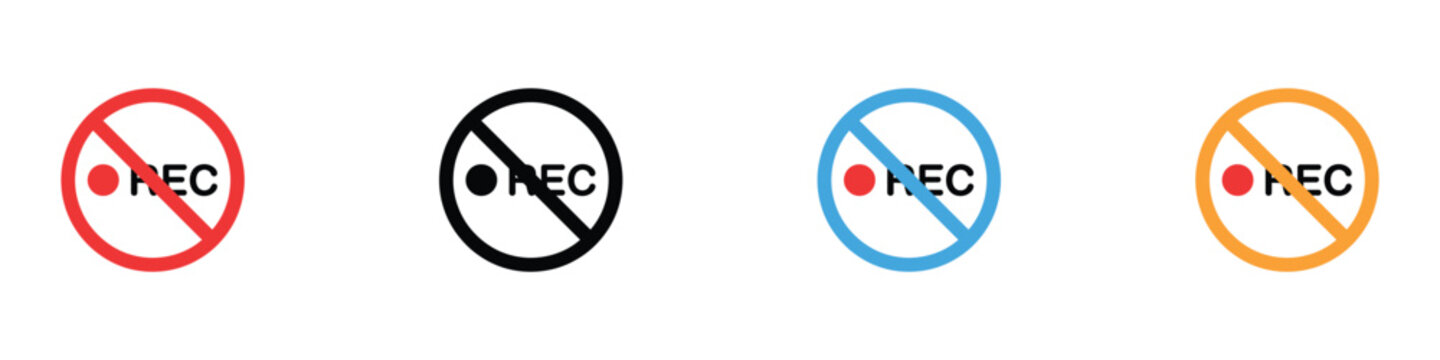 No recording and video prohibition icon set for restricted areas. Isolated vector illustration of REC symbols for cinemas, private events, and high-security zones.