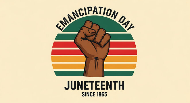 Juneteenth emancipation day retro design with a raised fist and colorful sunset stripes