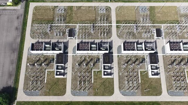 High voltage electrical substation grid aerial view