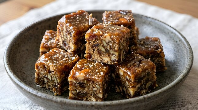 Delicious dessert squares in ceramic bowl, top view