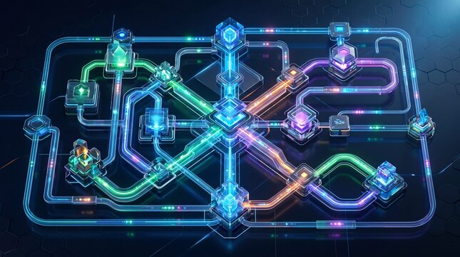 A futuristic digital circuit board with colorful neon pathways and connections.