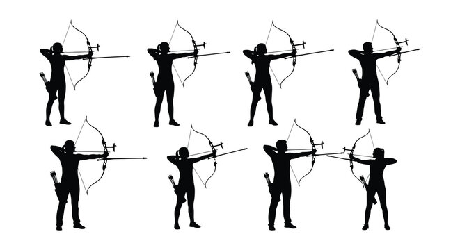 Archer silhouettes with bows and arrows on white background