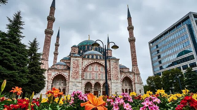 A beautiful mosque with minarets surrounded by vibrant flowers and a tall building on a cloudy day.