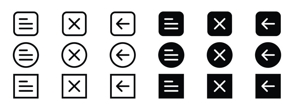 UI navigation icon set with menu, close, and back arrow buttons. Isolated vector illustration of outline and solid symbols in rounded square, circle, and square shapes for web and app design.