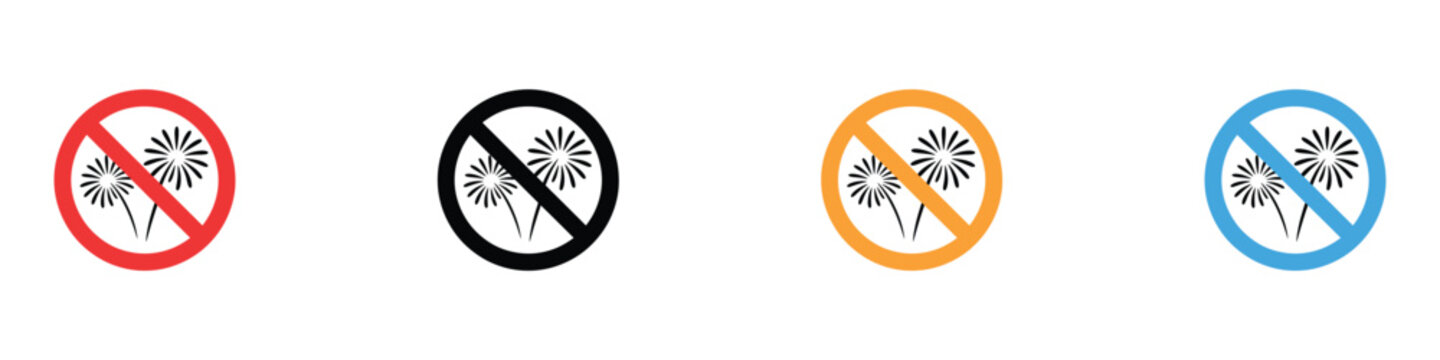 No fireworks and firecrackers prohibition icon set. Isolated vector illustration of pyrotechnic symbols for public safety, fire prevention, and silent zone regulations.