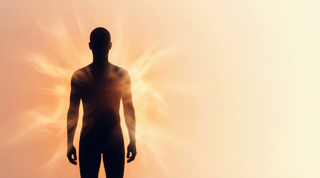 Silhouette of a man standing with a glowing orange and yellow aura, representing spiritual energy or inner light.