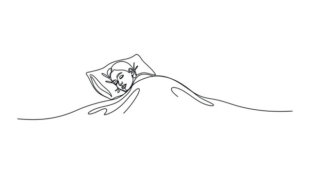 Continuous line drawing of a woman sleeping peacefully in bed.