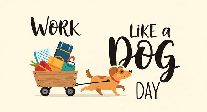 Pixel art style cute dog pulling a small wooden cart with quote text work like a dog day