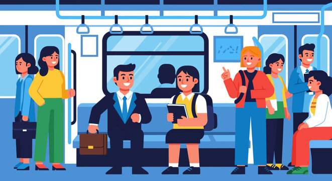 Diverse group of people commuting on a crowded subway train.
