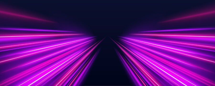 Panoramic neon speed highway concept . Pink and blue light trails move fast. Abstract cyber waves create futuristic traffic motion design.