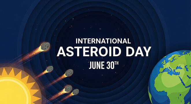 Pixel art asteroid day banner with earth sun and falling meteorites in space