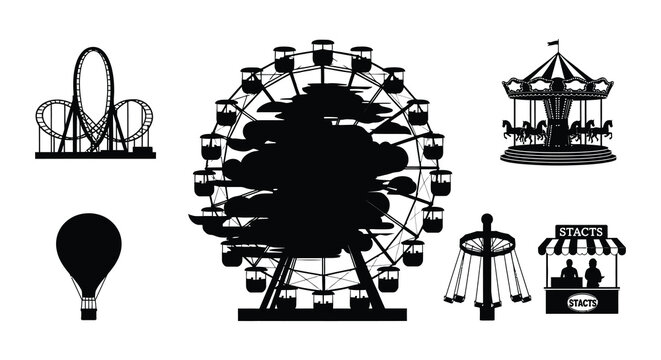 Black silhouettes of amusement park rides and attractions