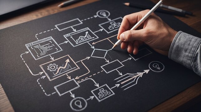 A hand drawing a flowchart on a black background for business planning.