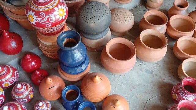 Handmade terracotta pots of India.