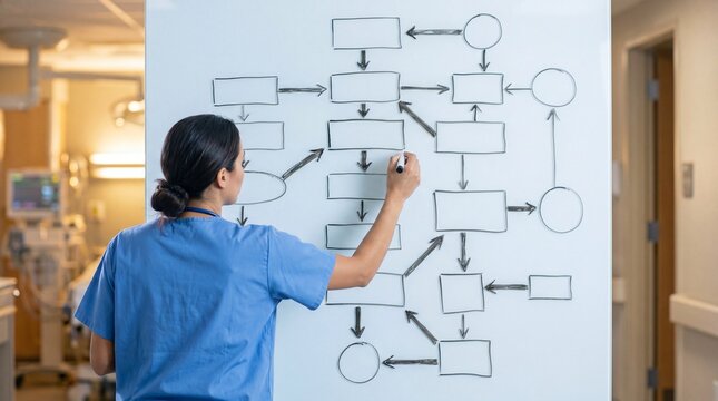 A healthcare professional creating a flowchart on a whiteboard in a hospital setting.