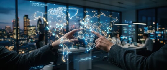Fototapeta premium Global business strategy visualized with futuristic holographic world map in a modern office