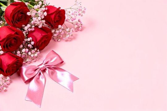 Red roses with babys breath and pink bow