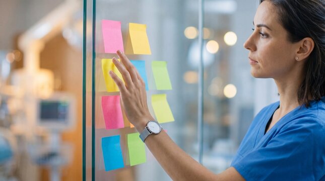 A healthcare professional organizes colorful notes on a glass board in a modern workspace.