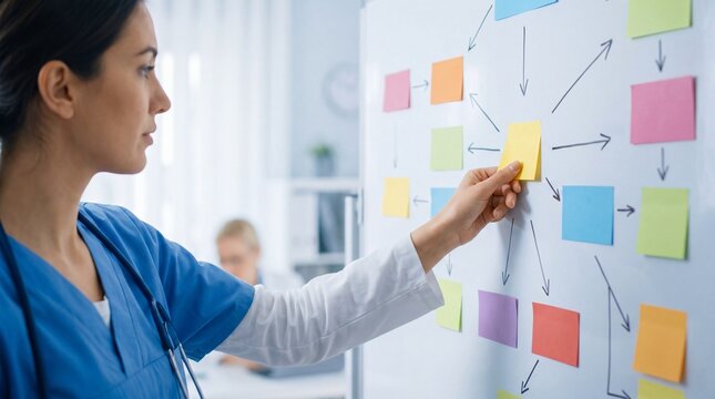 A healthcare professional organizes notes on a board for effective communication.