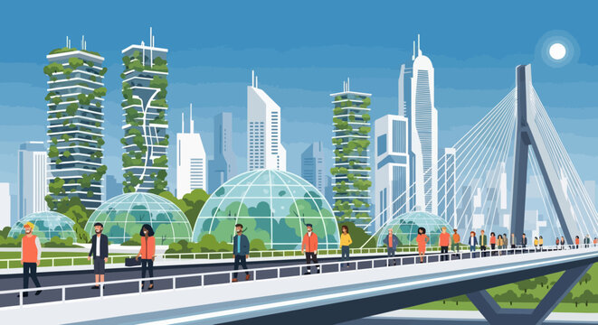 Futuristic Cityscape with Green Architecture and People Walking.