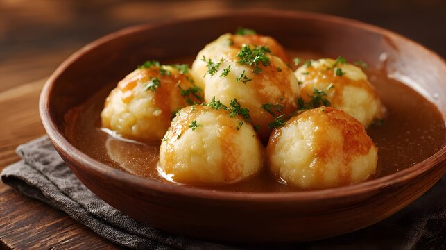 Traditional Norwegian potato dumplings raspeballer served in rustic brown bowl.