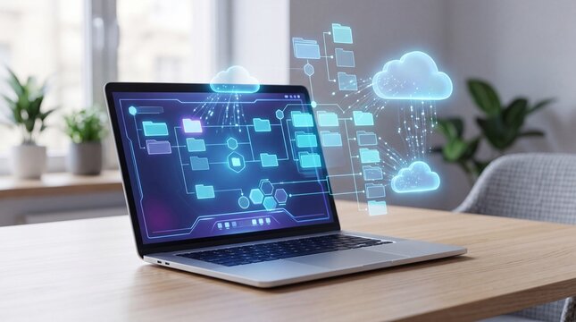 A high-tech laptop displaying holographic data cloud interfaces and charts.
