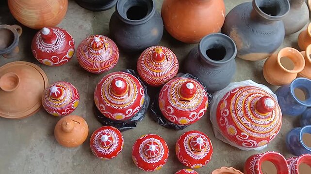 Handmade terracotta pots of India.