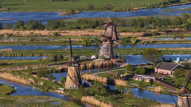Aerial view of kinderdijk windmills and canals