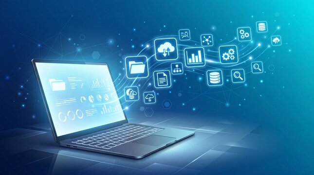 Digital folders from laptop screen data organization concept. A laptop displaying data analytics and digital connections in a modern design.