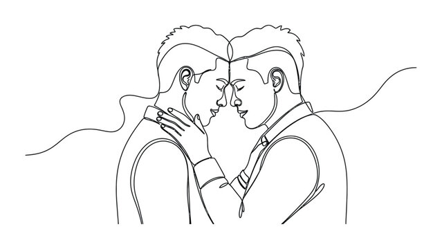 Continuous line art of two men embracing tenderly.