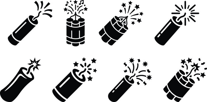 Black and White Fireworks and Sparkler Icons Set for Celebration Designs