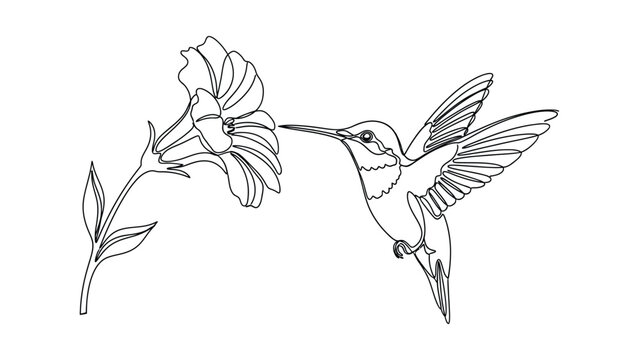 Continuous line drawing of a hummingbird hovering near a flower.