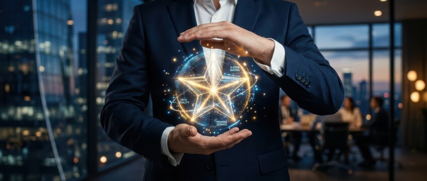 Professional showcasing digital star rating, symbolizing premier service and high quality business excellence