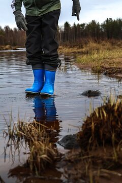 Child standing in shallow water wearing blue rubber boots in nature