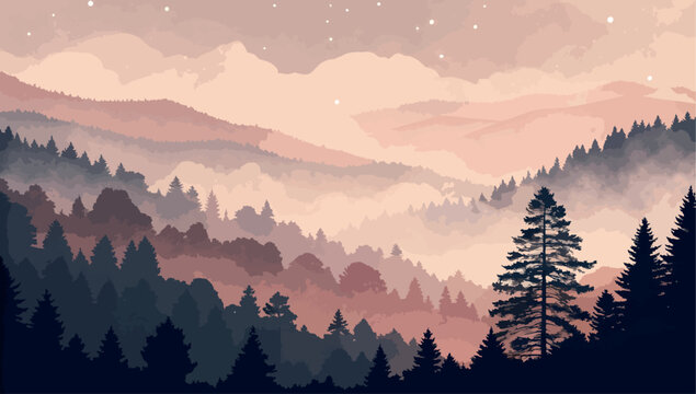 Misty mountain landscape with evergreen forest silhouette at dawn