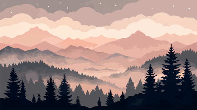 Misty mountain landscape with evergreen forest silhouette at dawn