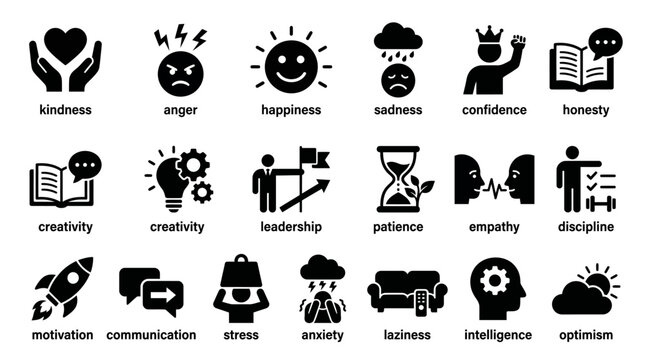 Human Behavior and Personality Traits Black Vector Icon Set