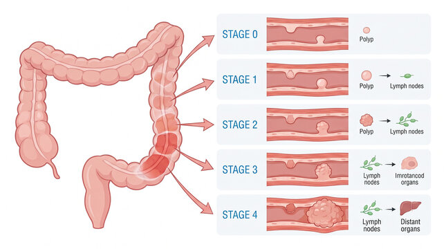 Colorectal cancer stages and progression with progression, illustration