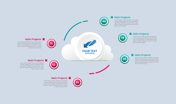 Cloud shape infographic with glossy gradient style with big main shape center with small circle opposite comparison upside down with 6 segment information