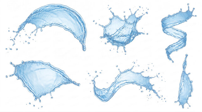 Dynamic set of blue water splashes and drops captured in various flowing shapes, isolated on a transparent background.