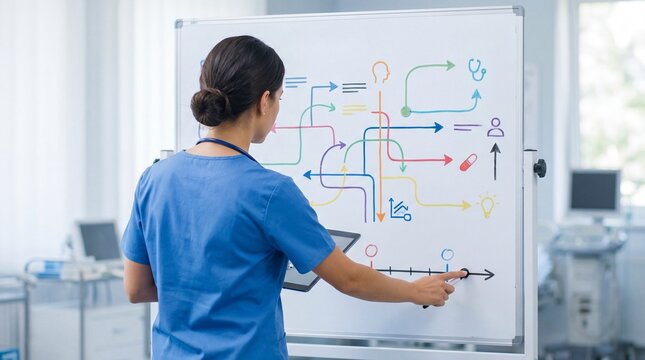 Focused clinic nurse adjusting timelines room focus behind concept. A medical professional analyzes dynamic charts for healthcare insights.