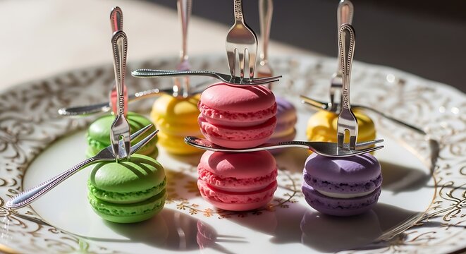 A dessert plate with colorful macarons impaled on forks presents sweet treats.