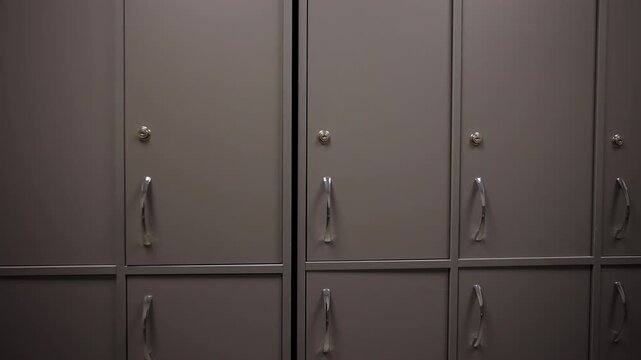 Multiple rows of modern grey lockers line minimalist change room wall. Clean setup creates efficient storage solution for gym visitors