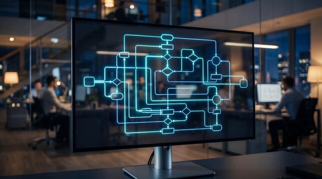 Workflow process programming streamline strategy software concept. A modern office with screens displaying advanced flowchart technology at night.