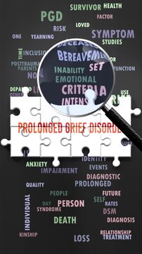 Prolonged Grief Disorder under magnifying glass, being researched, studied and examined. Most important subjects and ideas closely related to prolonged grief disorder written around a puzzle.
