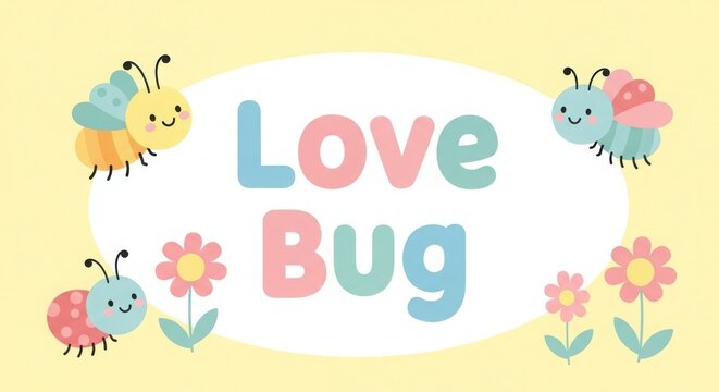 Cute cartoon bug characters with colorful flowers on a light yellow background for kids room wall art decoration.